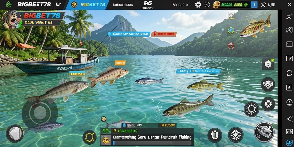 Screenshot gameplay BIGBET78 menampilkan aksi memancing yang seru dan lokasi indah.
