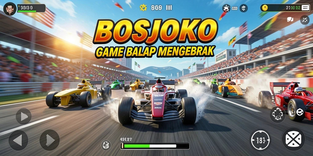 Tangkapan layar gameplay BOSJOKO yang menampilkan aksi balapan seru.