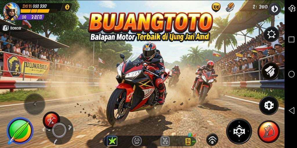 Screenshot gameplay BUJANGTOTO yang menampilkan aksi balapan motor yang mendebarkan.