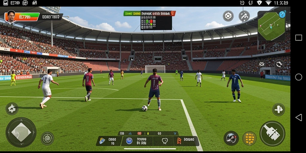 Screenshot gameplay EE789 menampilkan aksi mendebarkan di lapangan sepak bola.