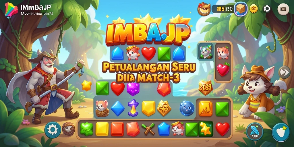 Screenshot gameplay yang menunjukkan kombinasi permata cerah di IMBAJP.